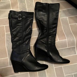 Nine West Black Leather Knee High Heeled Boots